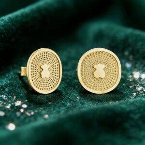 New TOUS Gold Sun Ray Bear Center Plates Flat Big Wide Studs Pin Button Earrings